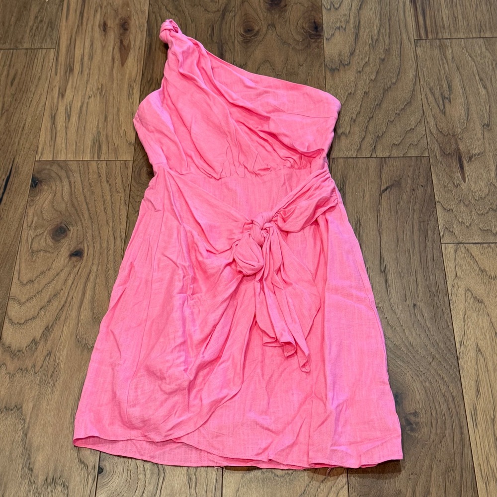Hello Molly Pink One Shoulder Tie Front Linen Blend Mini Dress US 4‎ NEW